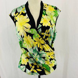 Kay Unger Silk Faux Wrap Yellow Floral Sleeveless